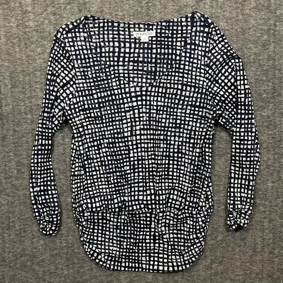 PENDLETON Size‎ XL Navy Blue White Ruched Long Sleeve Geometric Checkered Blouse - Picture 1 of 7